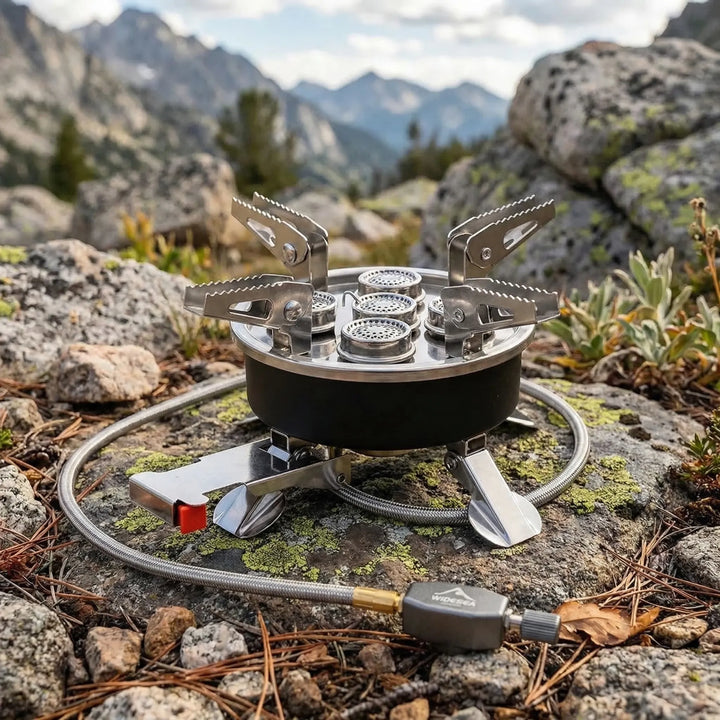Portable 4-burner camping gas stove for outdoor cooking, high output for efficient camp kitchen use.