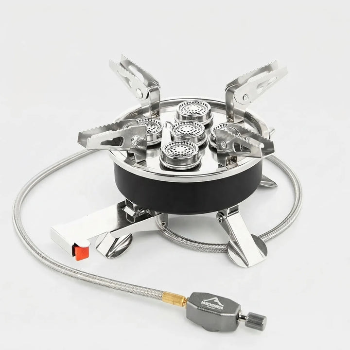 Efficient 4-burner portable camping gas stove, high output for quick outdoor meals on your next adventure.
