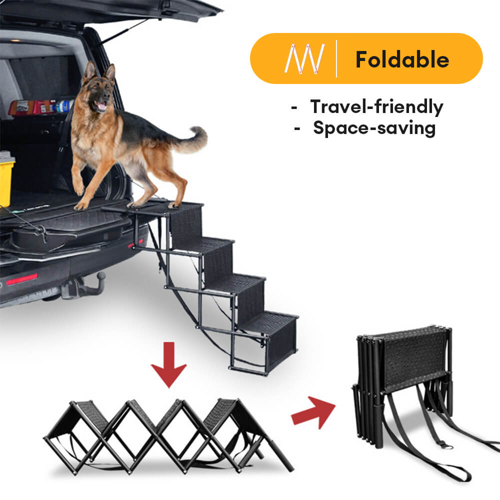 Portable 4-step foldable dog car stairs with non-slip surface for easy pet travel access