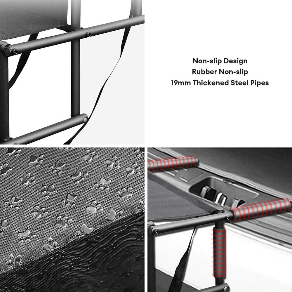 Dog car stairs, black, portable, and foldable, featuring 4 non-slip steps for pet safety