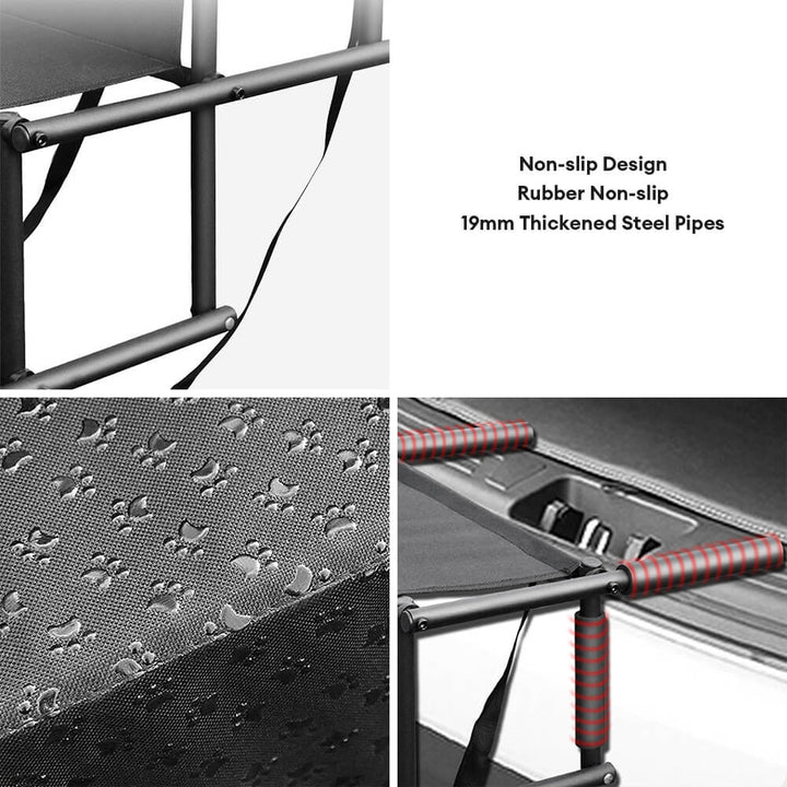 Dog car stairs, black, portable, and foldable, featuring 4 non-slip steps for pet safety