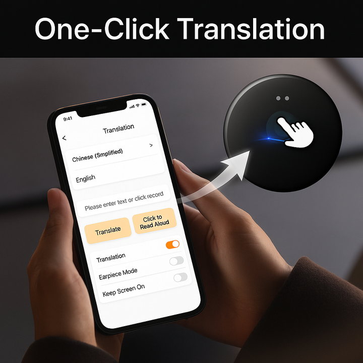 Sleek tech accessory: portable AI translator with real-time voice & text recognition, perfect for travel.