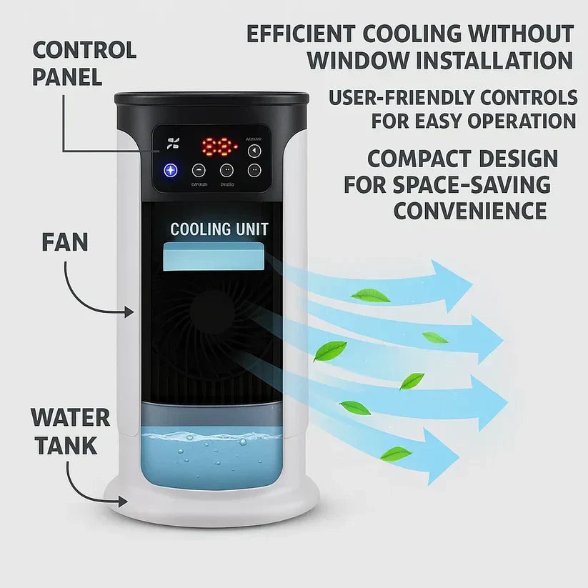 Compact windowless portable AC unit for targeted personal cooling; perfect for small spaces like dorms.