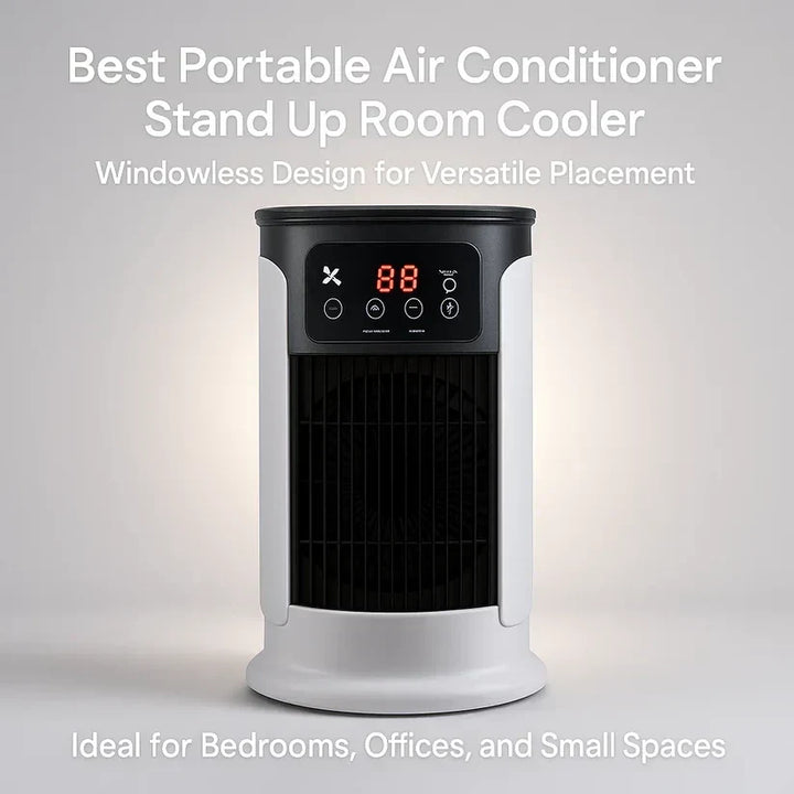 Energy-efficient portable room cooler, quiet operation for a comfortable home office or bedroom AC.