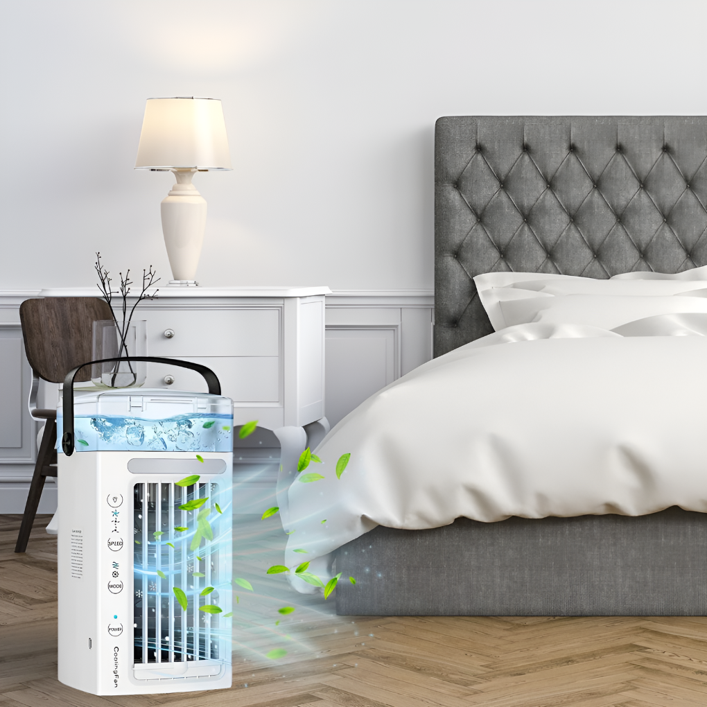 Portable air cooler fan with easy-carry handle, ideal for desktop, home office. Personal cooling device for summer.