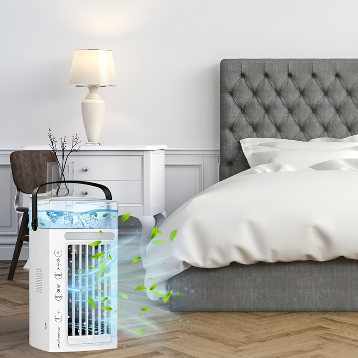 Portable air cooler fan with easy-carry handle, ideal for desktop, home office. Personal cooling device for summer.