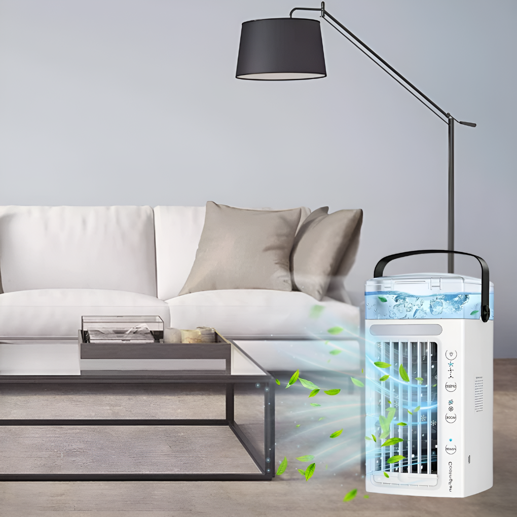 Lightweight mini air cooler fan with geometric design & easy-carry handle. Perfect personal cooling for any space.