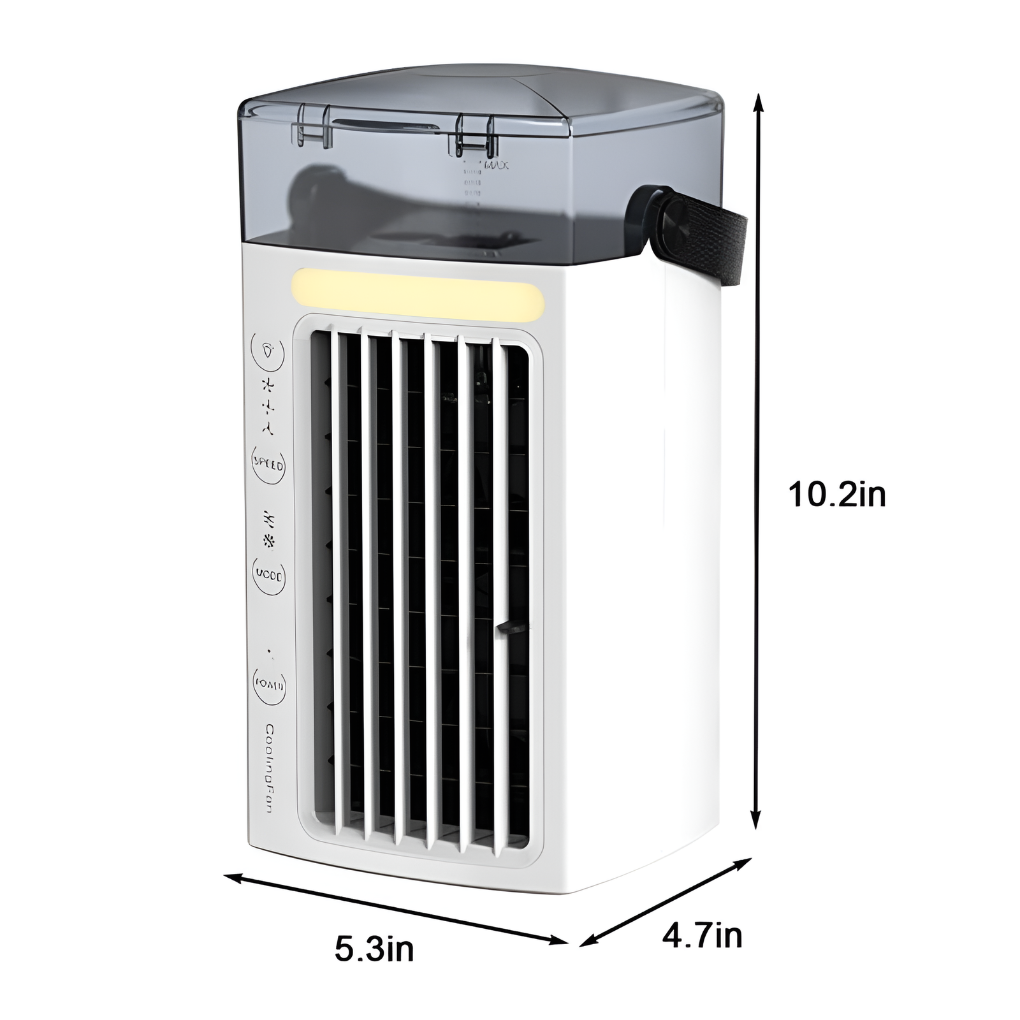 Compact personal air cooler fan, a summer essential with easy-carry handle. Desktop cooling for home or office.