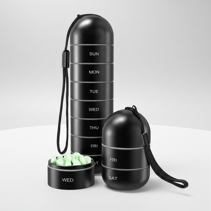 Compact aluminum daily pill organizer. Ideal for medication, vitamins, & supplements on the go.
