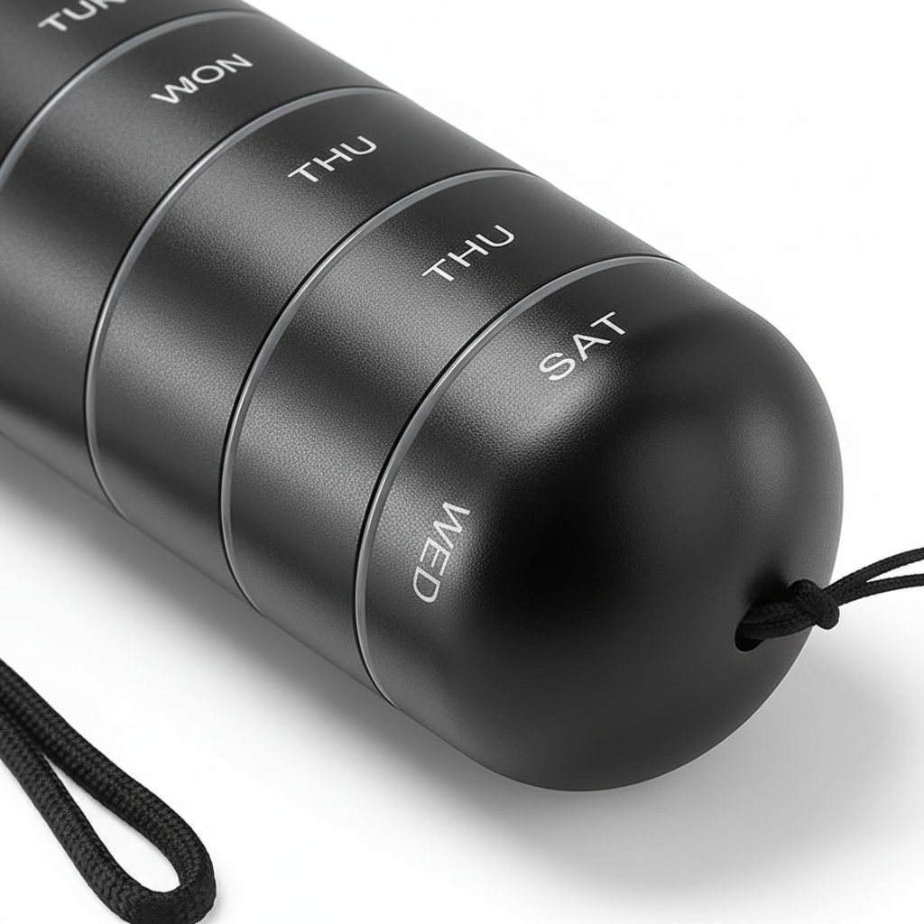 Waterproof aluminum travel pill organizer. Securely stores daily medication & supplements for trips.