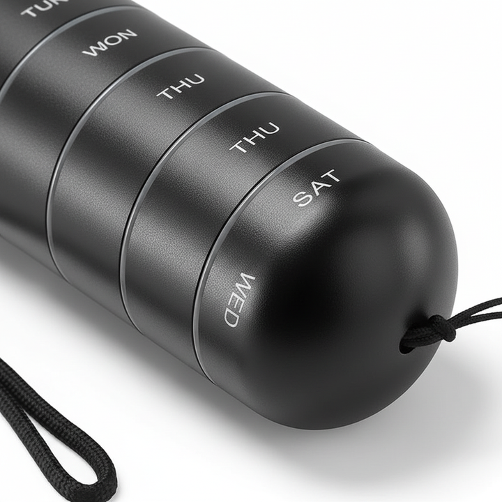 Waterproof aluminum travel pill organizer. Securely stores daily medication & supplements for trips.