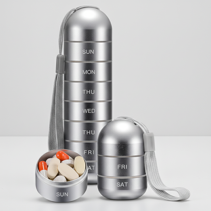 Sleek, portable aluminum PillTower. Organize daily medication and supplements with secure, waterproof storage.