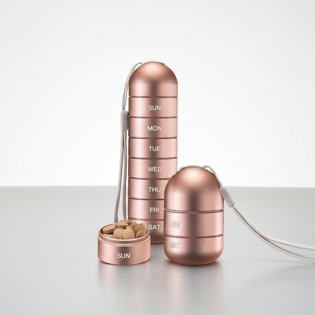 Lightweight aluminum medication dispenser for daily doses. Portable, waterproof, and secure storage.