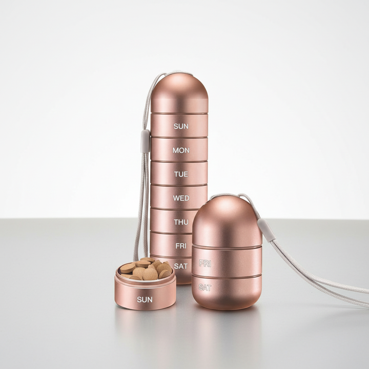 Lightweight aluminum medication dispenser for daily doses. Portable, waterproof, and secure storage.