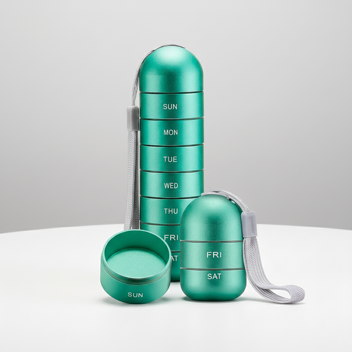 Durable aluminum container for daily pills & supplements. Portable, waterproof, and ideal for travel.