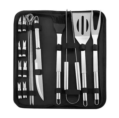 Premium stainless steel barbecue utensils kit with travel case, essential for any home & garden grill master.