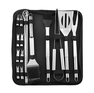 Versatile grilling tool set with fork, spatula, and tongs, easy to carry in its portable travel case for BBQ.