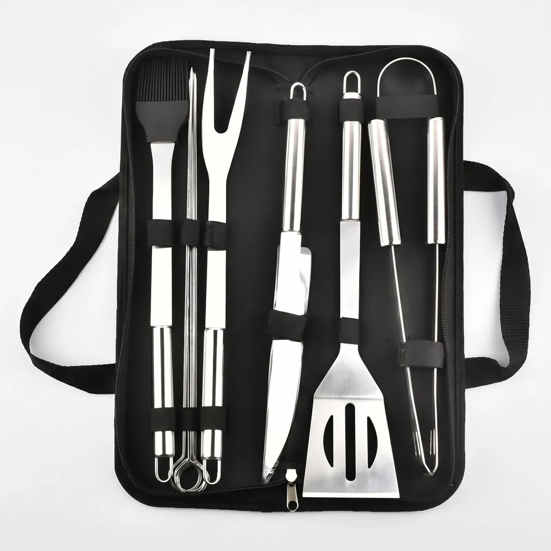 Unisex stainless steel grilling utensil set in a durable travel case, ideal for outdoor cooking and picnics.
