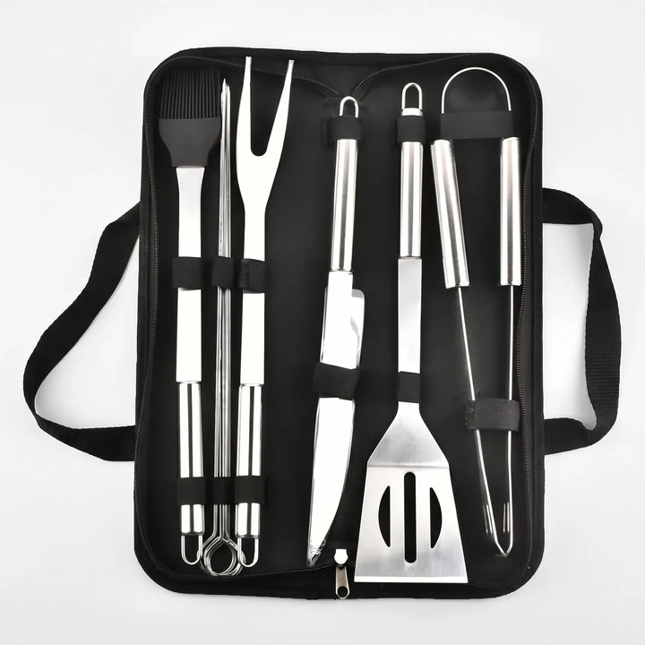 Unisex stainless steel grilling utensil set in a durable travel case, ideal for outdoor cooking and picnics.
