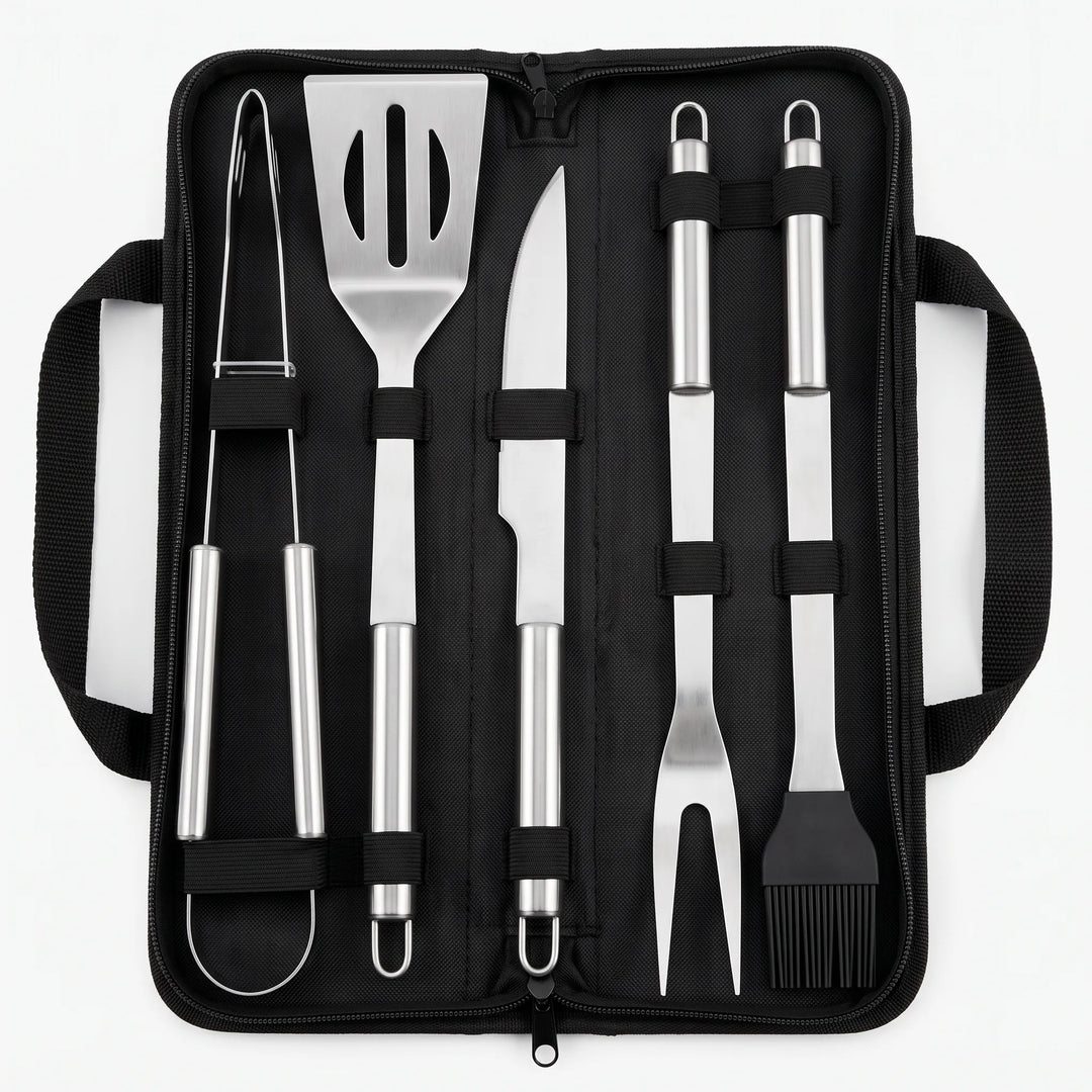Compact outdoor grilling accessory kit with stainless steel tools, perfect for camping and tailgating.