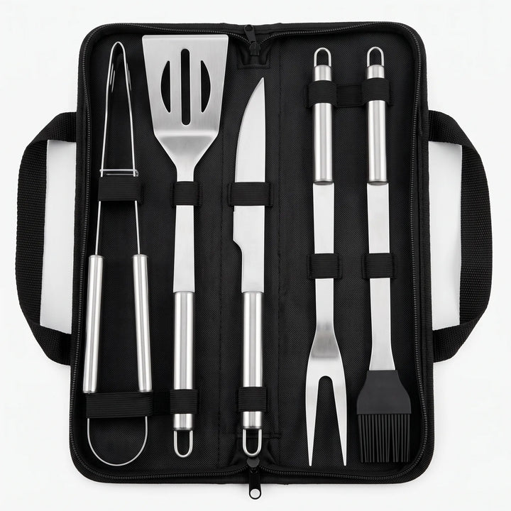 Compact outdoor grilling accessory kit with stainless steel tools, perfect for camping and tailgating.