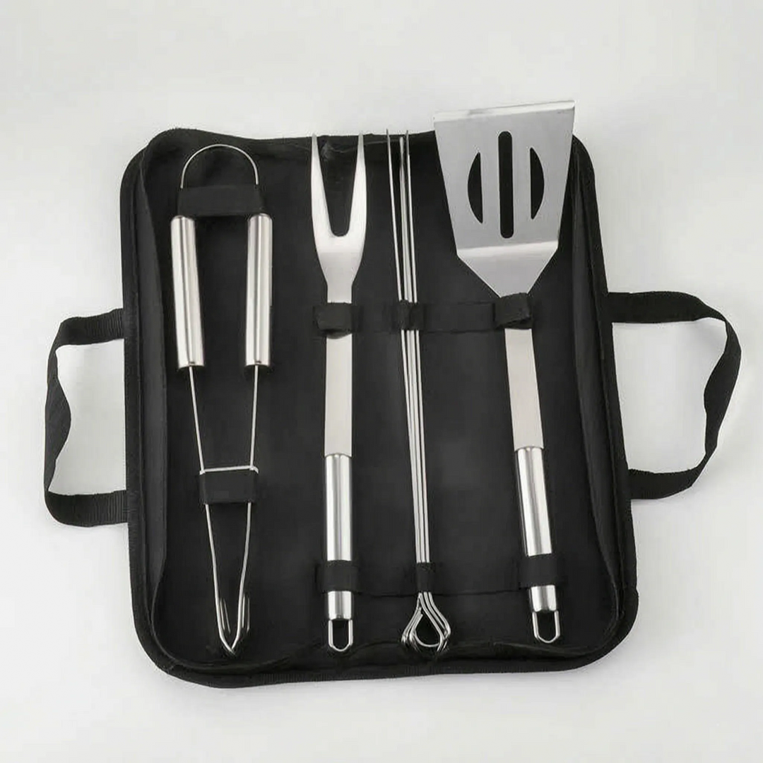 Durable stainless steel BBQ utensil set in a portable travel case, great for any cookout or garden party.