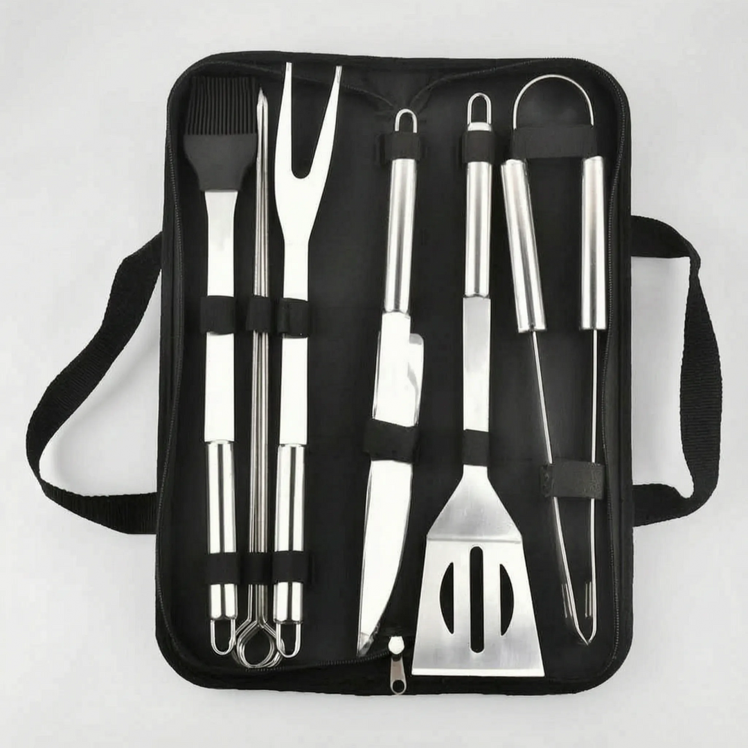 Unisex grilling tool set for outdoor cooking, featuring quality stainless steel utensils and a convenient travel case.