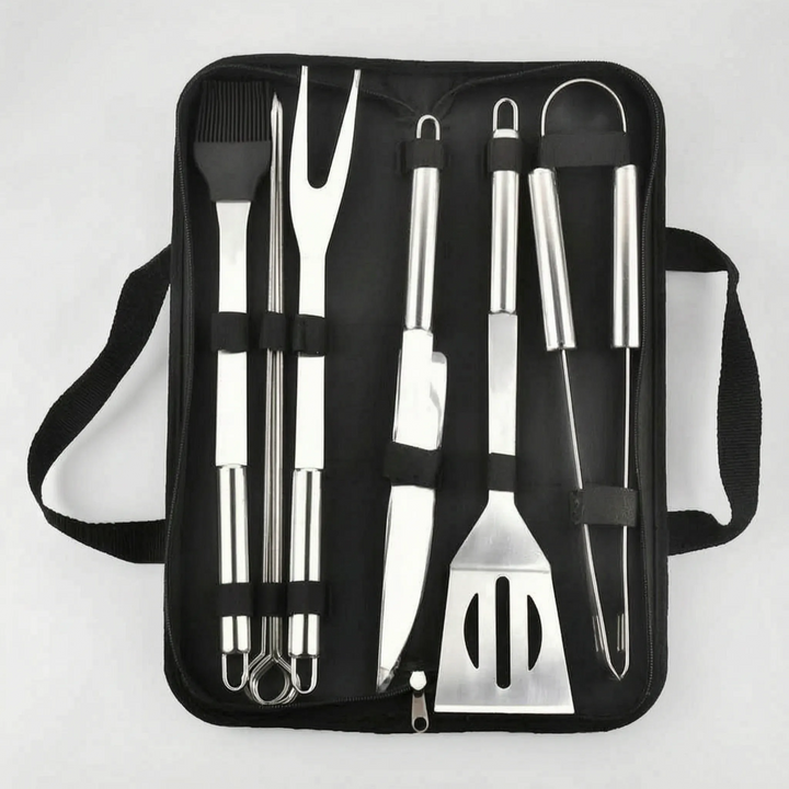 Unisex grilling tool set for outdoor cooking, featuring quality stainless steel utensils and a convenient travel case.