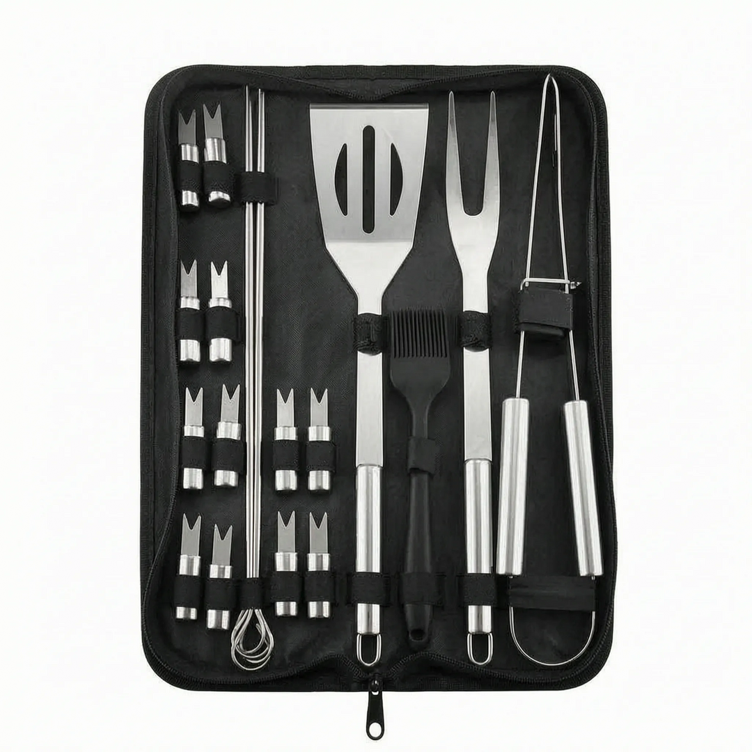 Convenient portable BBQ tool set for camping, made with premium stainless steel, stored in a sleek travel case.