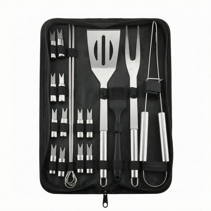 Convenient portable BBQ tool set for camping, made with premium stainless steel, stored in a sleek travel case.
