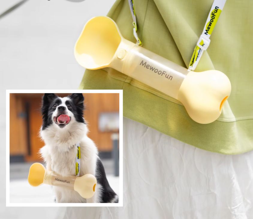 Portable bone-shaped dog water bottle with dispenser bowl, perfect for pet hydration on the go
