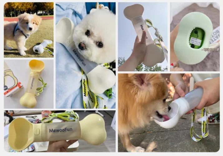 Travel dog bowl & water bottle combo, bone-shaped design for convenient outdoor pet hydration