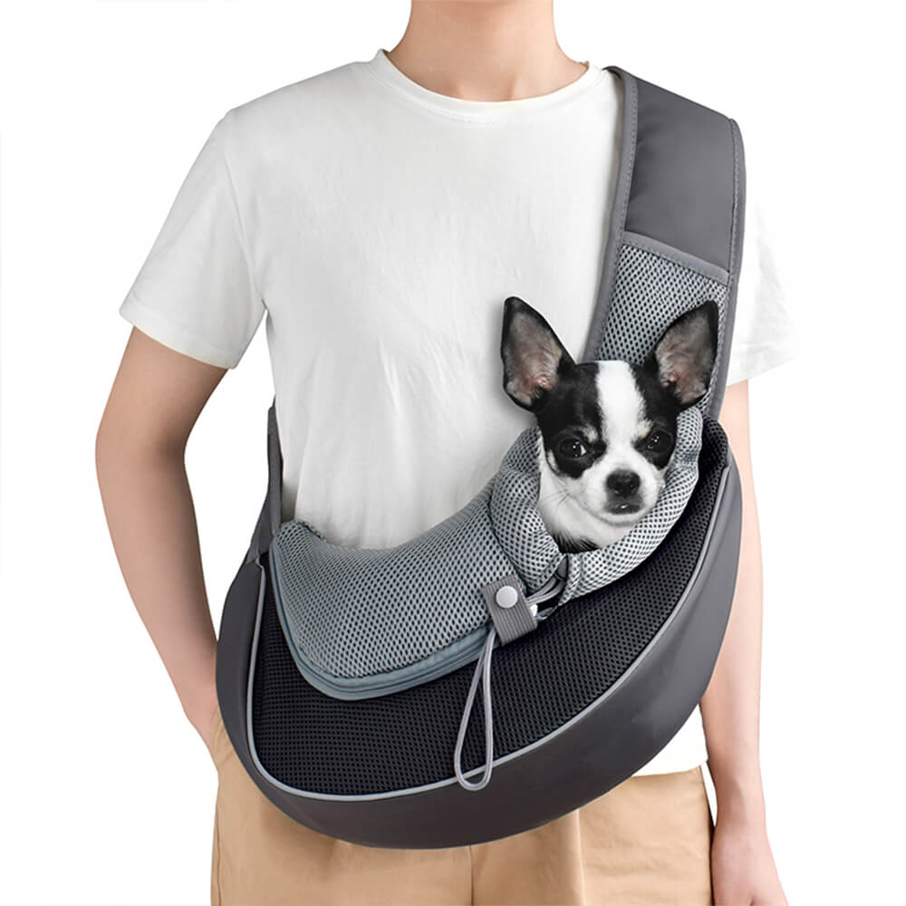 Portable breathable mesh pet carrier bag for small dogs & cats, black PU leather trim