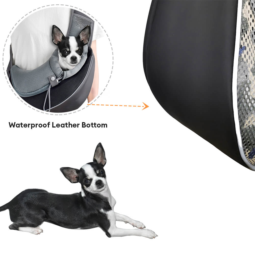 Black PU leather pet carrier with ample mesh ventilation for safe and comfy travels