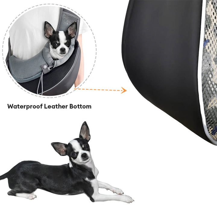 Black PU leather pet carrier with ample mesh ventilation for safe and comfy travels