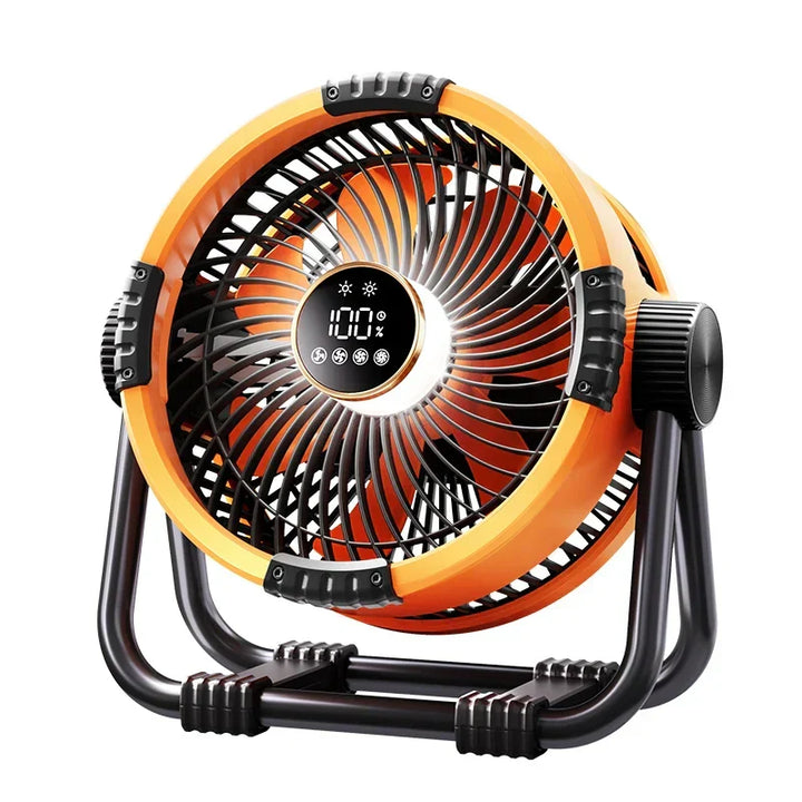Portable camping fan with 20000mAh battery, LED light & remote control for outdoor comfort.
