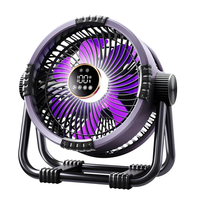 Rechargeable WindMate outdoor fan with bright LED light and power bank for tent camping.