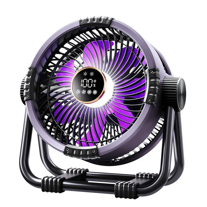 Rechargeable WindMate outdoor fan with bright LED light and power bank for tent camping.