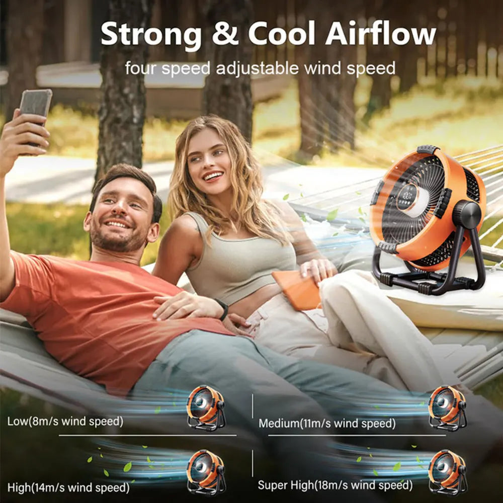 Compact portable camping fan featuring a 20000mAh battery, LED light & remote for travel.