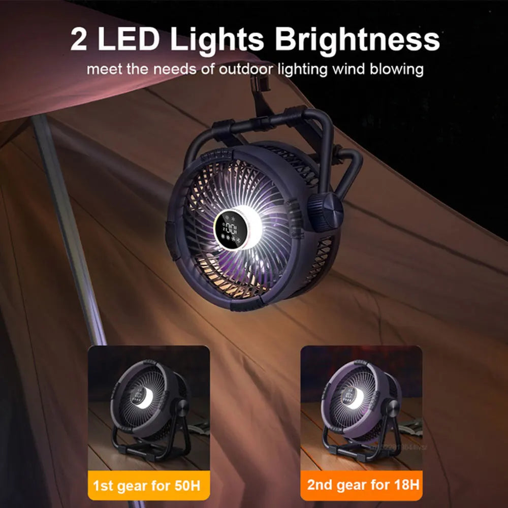 Long-lasting outdoor fan with integrated LED light, remote control, and powerful 20000mAh battery.