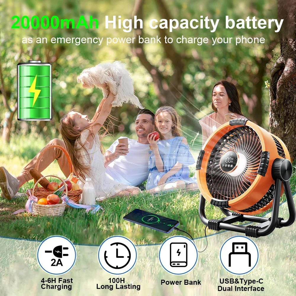 Versatile camping accessory: portable fan, LED light, and power bank with remote for summer.