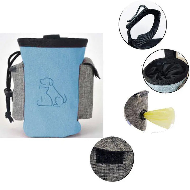 Portable dog waste bag dispenser in black, attached to a leash, essential pet accessory for walks.