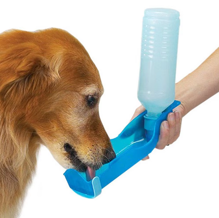 Blue portable dog water bottle with push-button release & bowl, ensuring easy hydration for pets