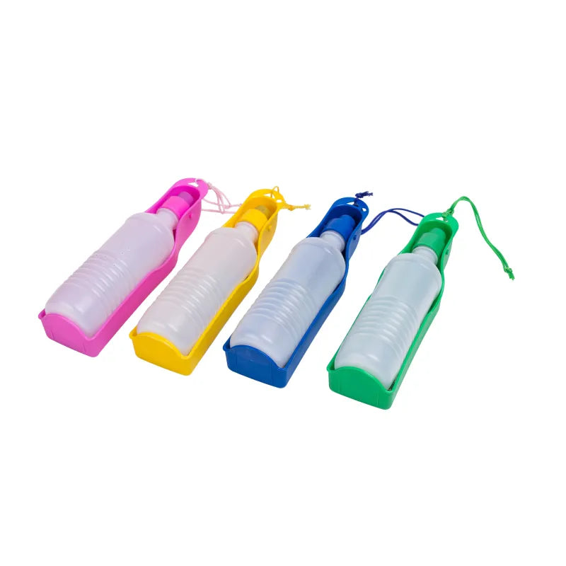 Dog owner holding a portable blue dog water bottle with a full bowl for their pet's hydration