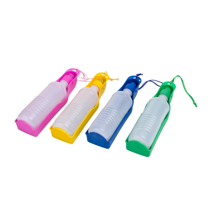 Dog owner holding a portable blue dog water bottle with a full bowl for their pet's hydration