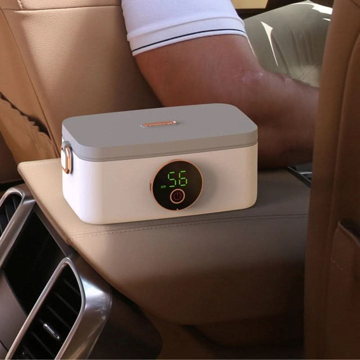 Portable electric heated lunchbox for hot meals on-the-go. Ideal for work & travel.