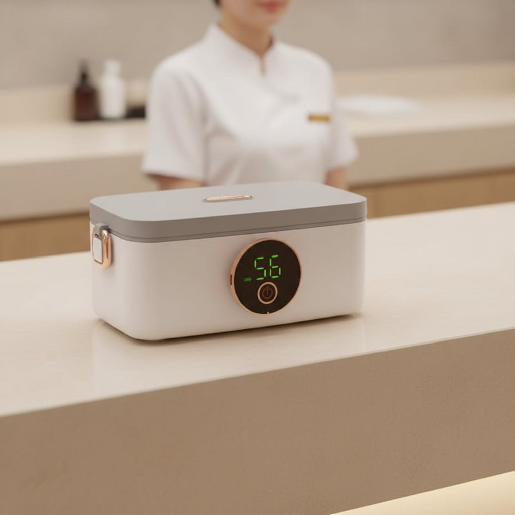Rechargeable stainless steel heated lunchbox, keeping meals warm & fresh. Great for meal prep.