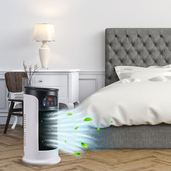 Sleek tower evaporative cooler provides personal, windowless air conditioning for home or office comfort.