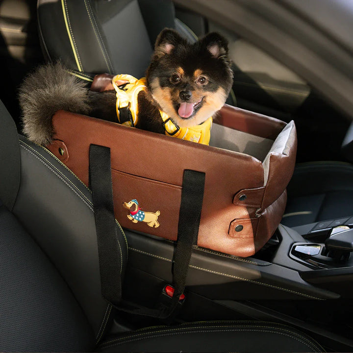 Small dog car seat, console-friendly, faux leather, waterproof, portable design