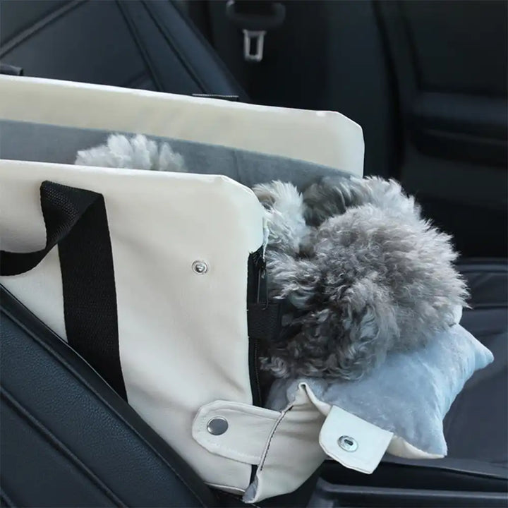 Compact faux leather dog car seat for small dogs, portable and waterproof